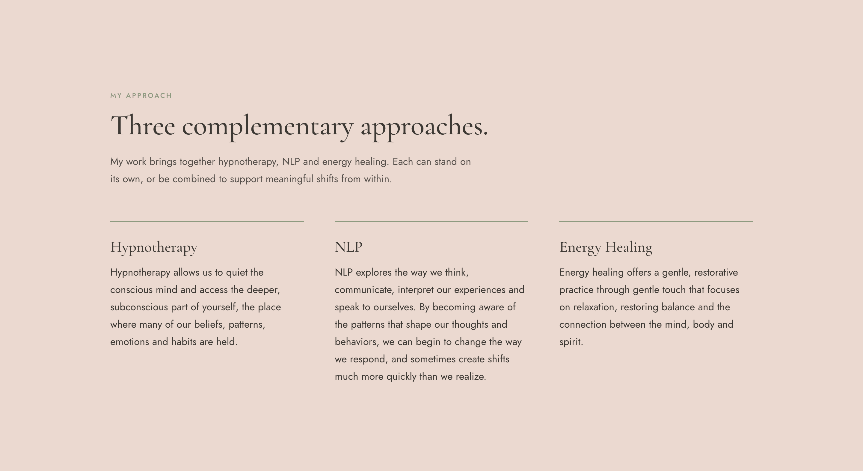 The “Three complementary approaches” section on a blush background, with Hypnotherapy, NLP and Energy Healing set in three editorial text columns.