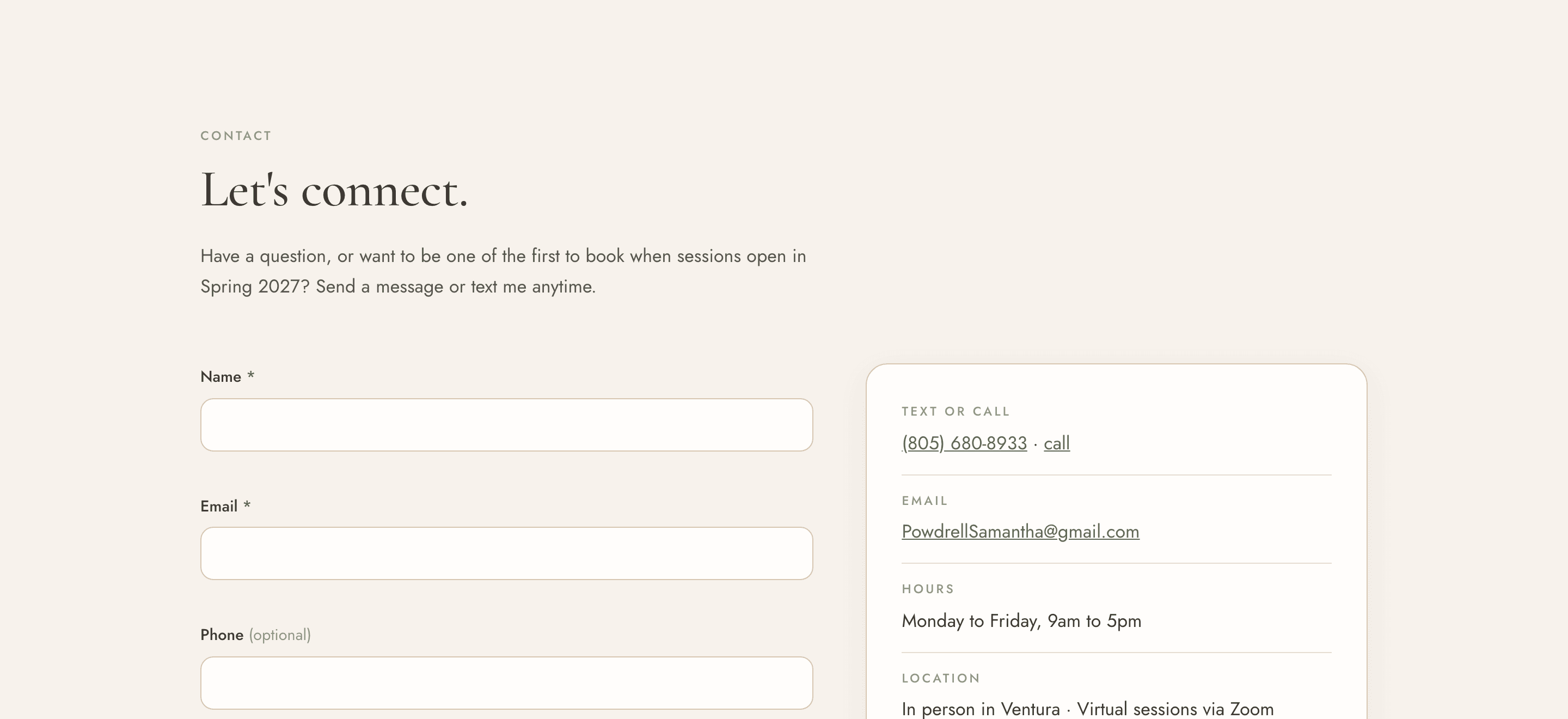 The “Let's connect.” contact section, inviting visitors to send a message ahead of sessions opening in Spring 2027.