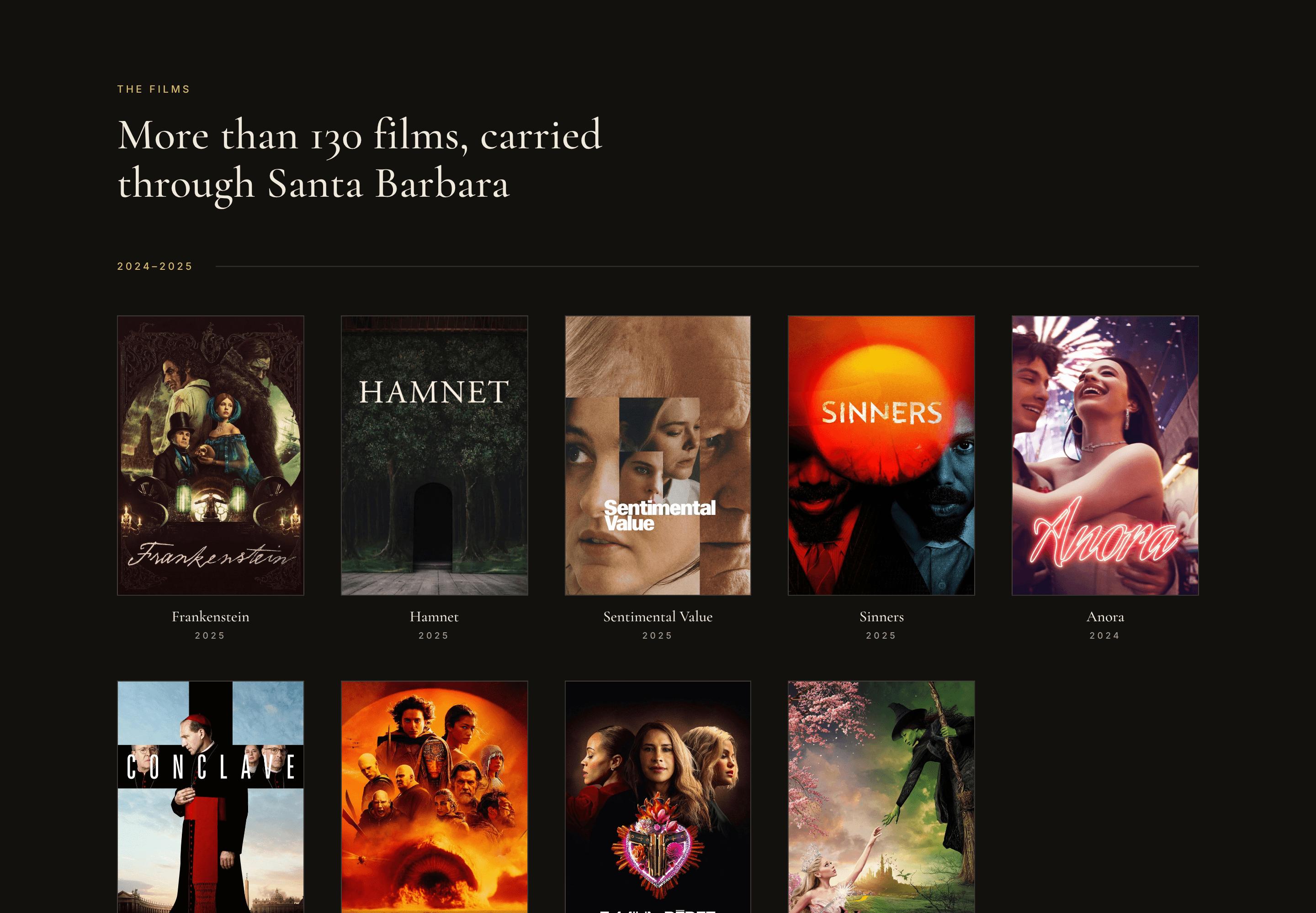 The films section headed “More than 130 films, carried through Santa Barbara”, with a grid of film posters from 2024 and 2025.