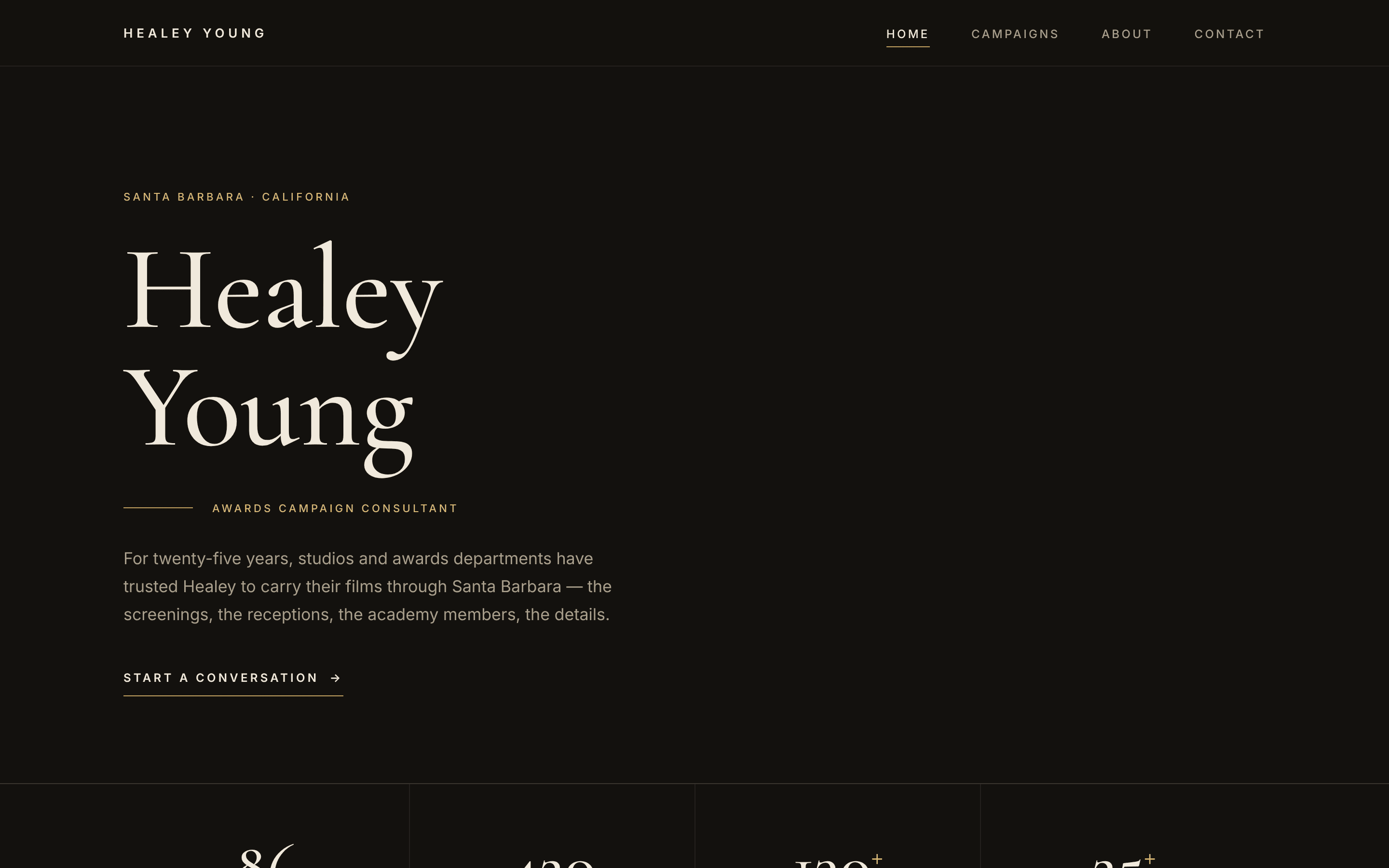 Healey Young website on desktop: a dark page with her name in large ivory serif type, a gold rule and the small-caps title “Awards Campaign Consultant”.