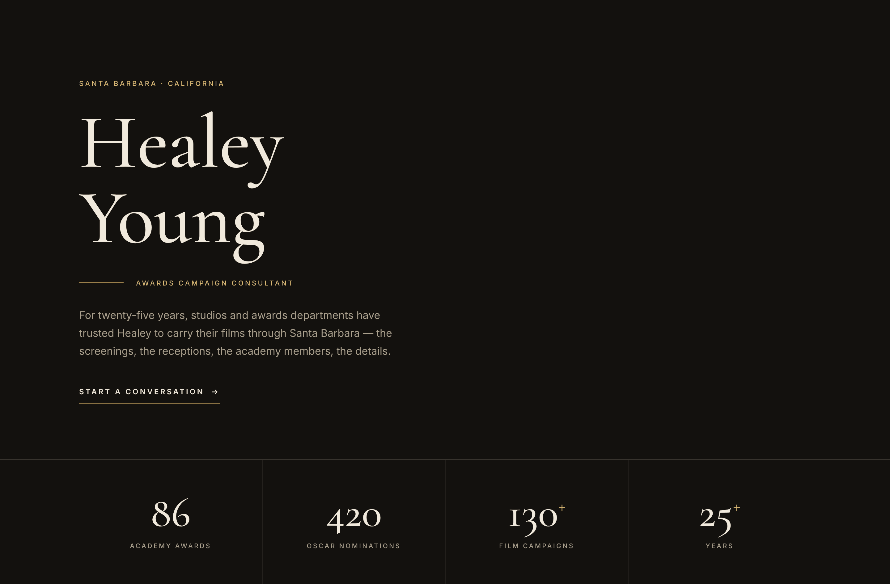 Healey Young's hero: her name in large serif type over a thin gold rule and the small-caps line “Awards Campaign Consultant”, above a row of career figures.