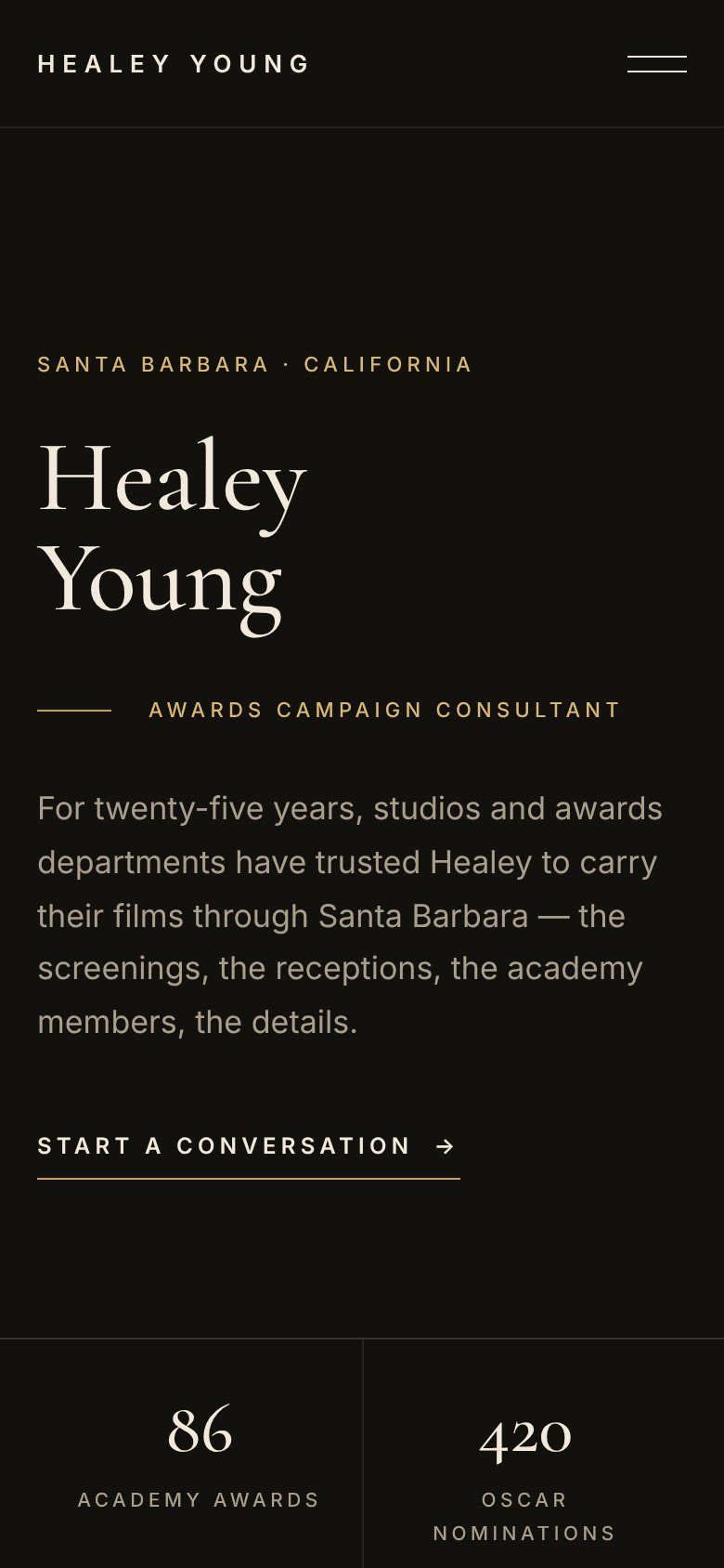 Healey Young website on mobile: serif name, gold rule and introduction above her career figures.