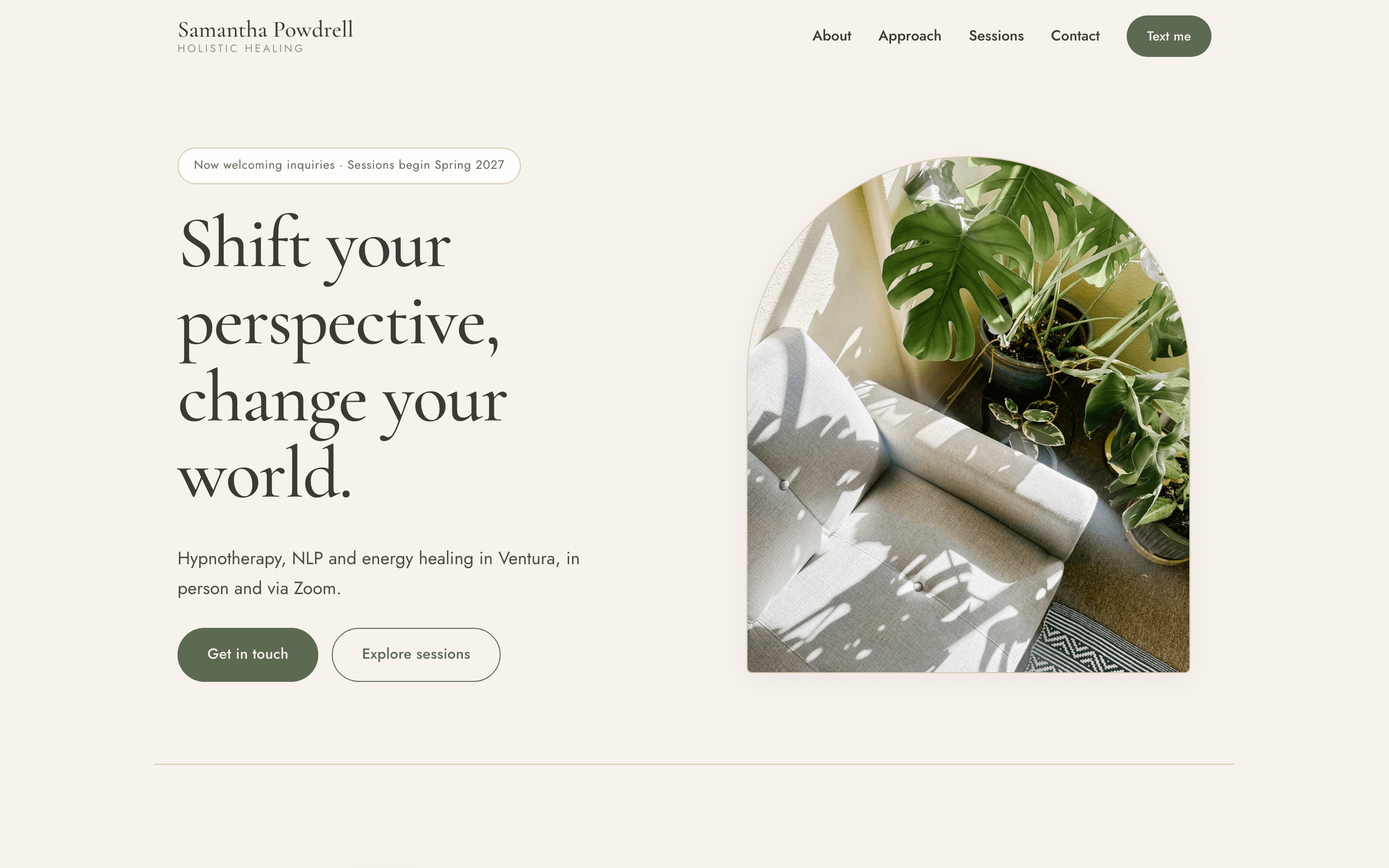 Samantha Powdrell website on desktop: the headline “Shift your perspective, change your world.” beside an arch-framed photo of a sunlit chair and plants.