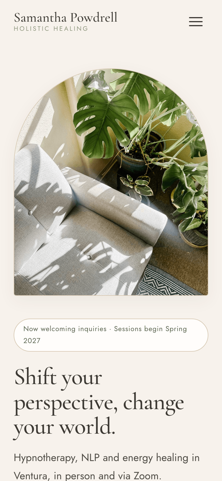 Samantha Powdrell website on mobile, opening with the arch-framed photo above the headline.